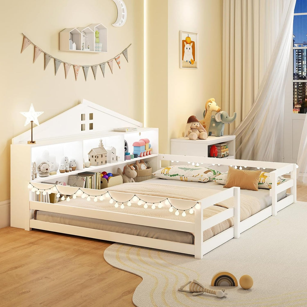 Giantex Full Size Montessori Floor Bed with LED Lights, 2-in-1 Wooden House Bed Frame with Safety Guardrails, Storage Compartments & Shelf, No Box Spring Needed, Without Slats, White