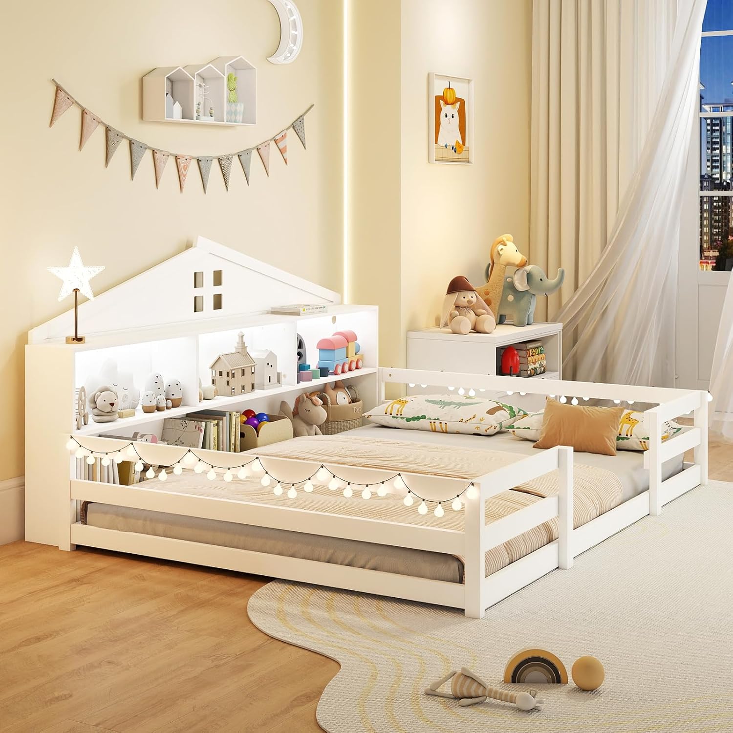 Giantex Full Size Montessori Floor Bed with LED Lights, 2-in-1 Wooden House Bed Frame with Safety Guardrails, Storage Compartments & Shelf, No Box Spring Needed, Without Slats, White