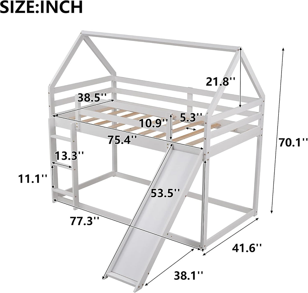 Bunk Bed for Kids Toddlers, Twin Over Twin House Shape Bunk Beds Frame with Slide, Can be Decorated Tent, Boys Girls Bedroom Dormitory Furniture (White-House Shape)