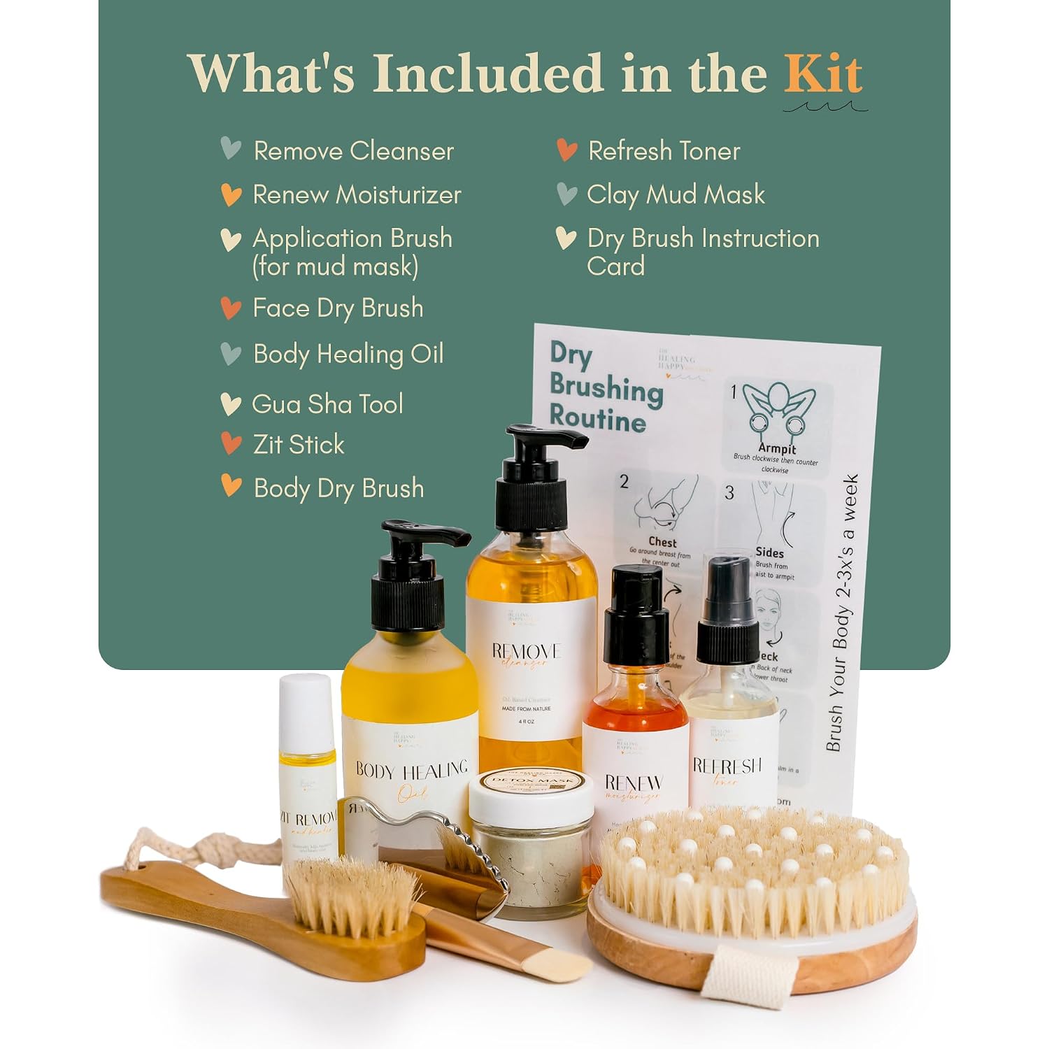Healing Happy Method 11-Piece Skincare Set for Men and Women – Organic Natural Cleanser, Moisturizer, Toner, Gua Sha, Dry Brushes, Clay Mask and Zit Stick