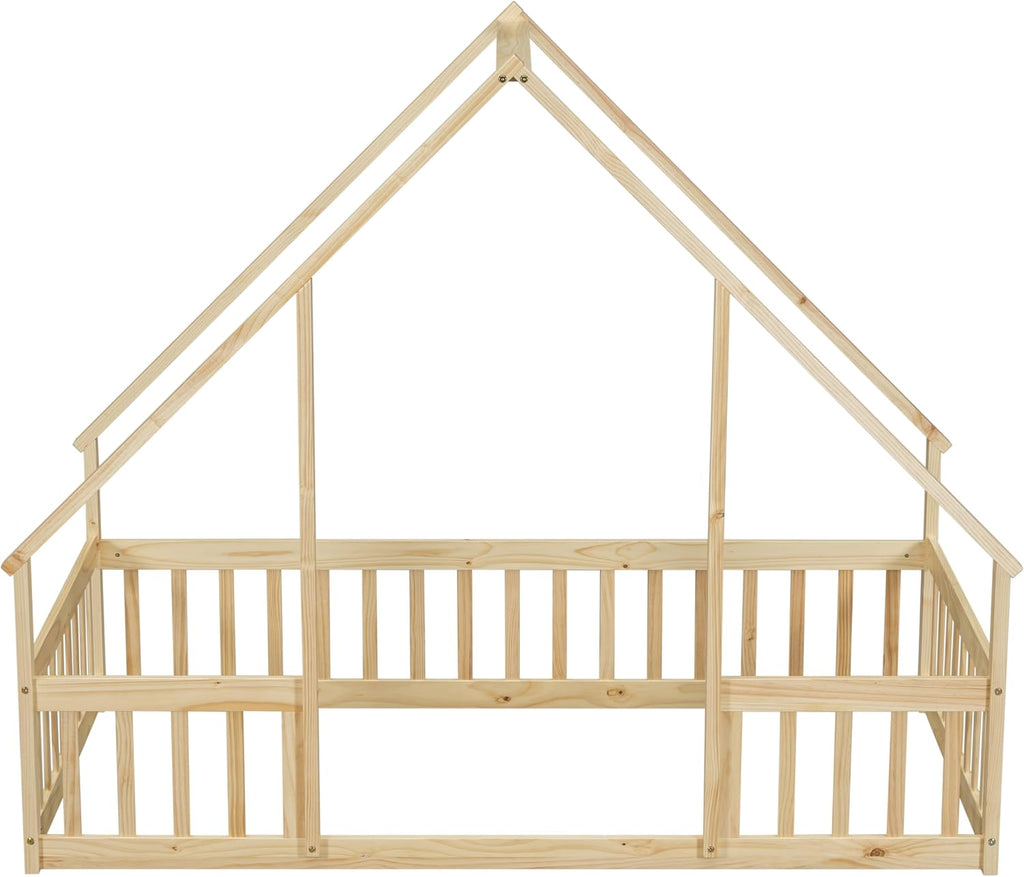 JIVOIT House Bed Twin Size Floor Bed, Wood House-Shaped Floor Bed with Fence Guardrails, Wood House Roof Frame, Montessori Bed Frame (Natural-Twin,129)
