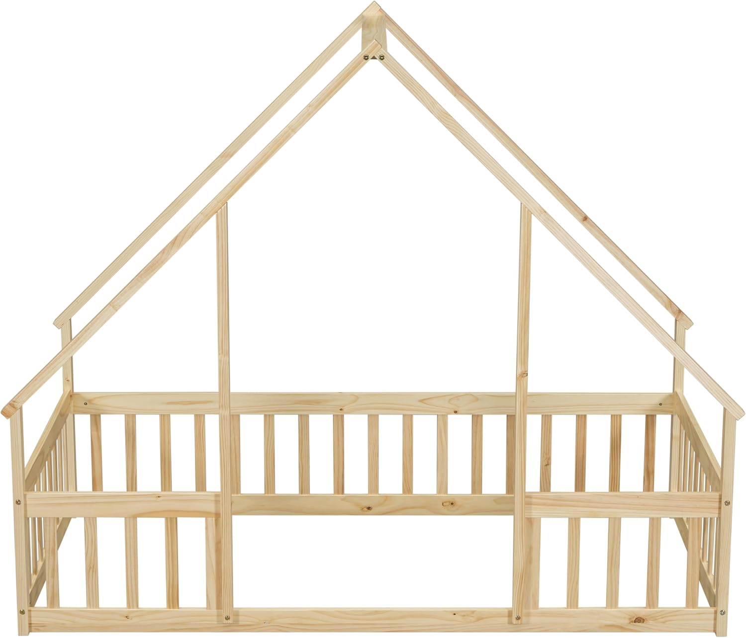JIVOIT House Bed Twin Size Floor Bed, Wood House-Shaped Floor Bed with Fence Guardrails, Wood House Roof Frame, Montessori Bed Frame (Natural-Twin,129)