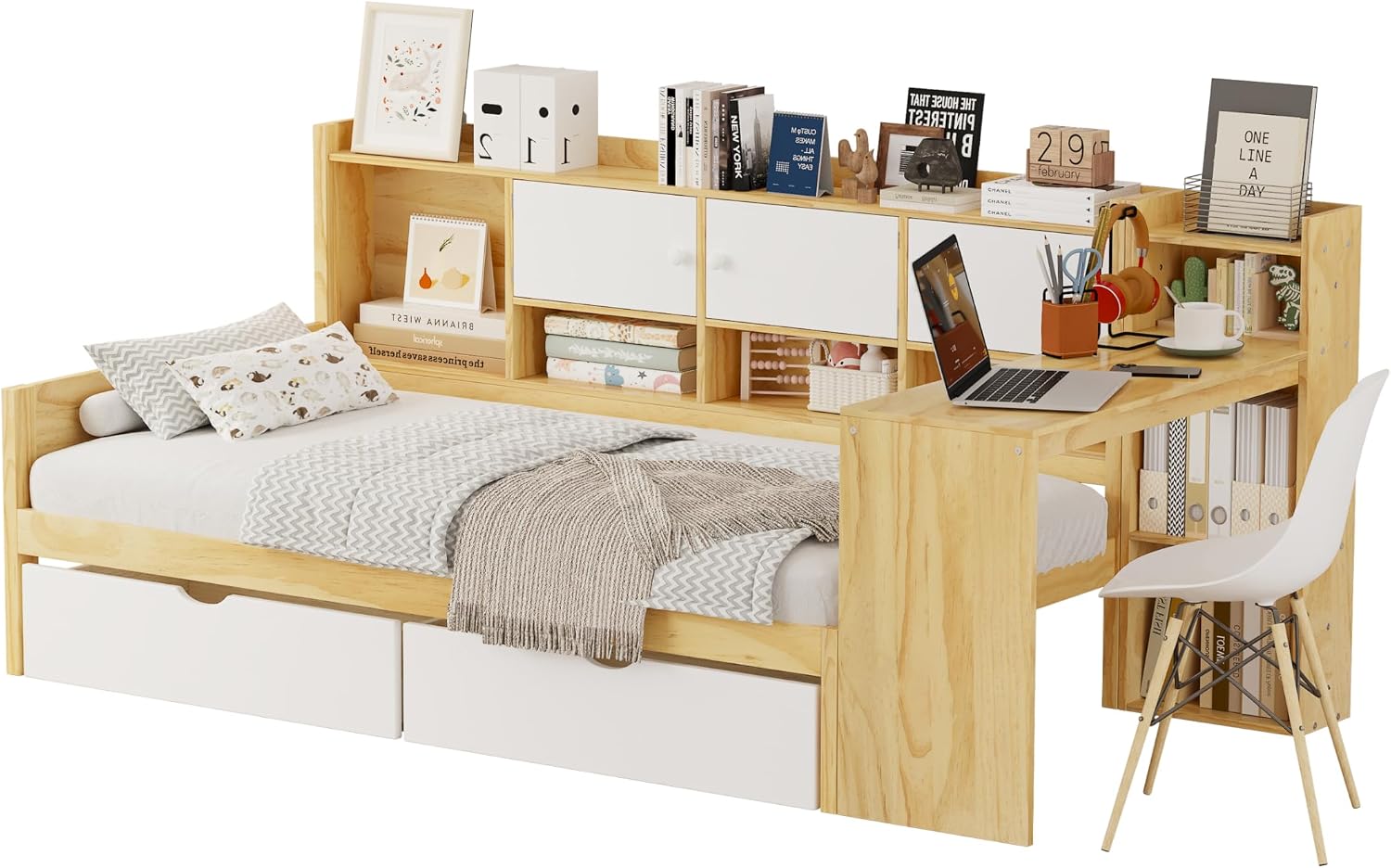 Twin Bed Frames with Storage, L-Shaped Corner Beds with Desk, Wood Daybed with Bookcase, Platform Beds with Drawers and Shelves for Living Room, Bedroom, Teens Room, Natural