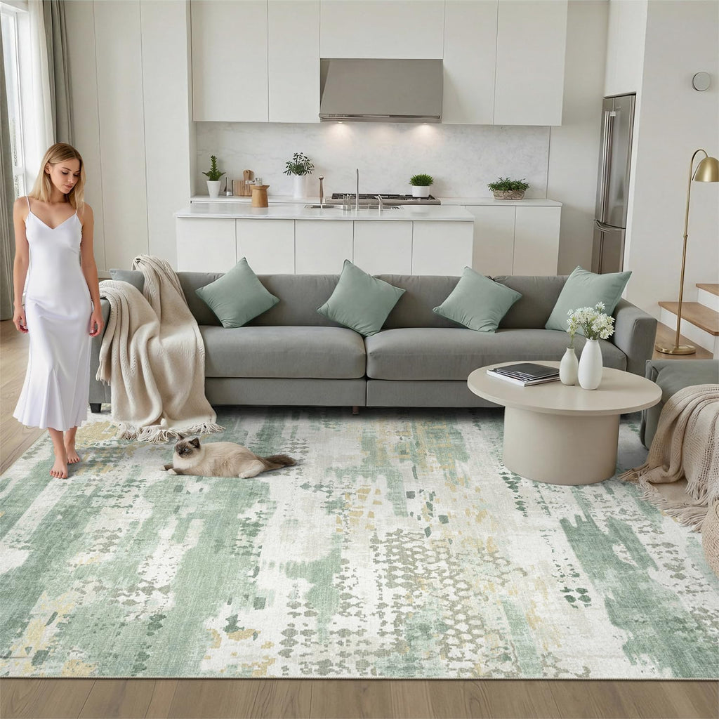 DCX Abstract Area Rug 10x14, Washable Sage Green Modern Rug for Living Room, Kid & Pet Friendly with Rubber Back Non Slip, Soft Low Pile Carpet, Stain Resistant Rug for Bedroom, Office, Dining Room