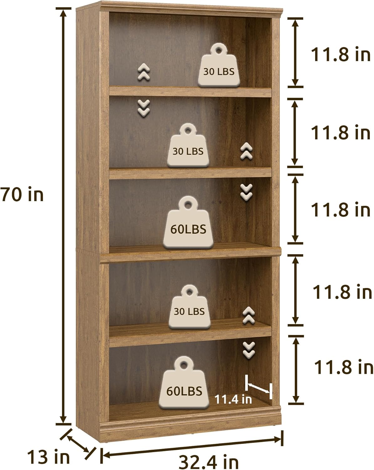 Bevfint 70 in Tall Bookcase, White Bookshelf Open Storage 5-Tier Shelves, 33 inch Wide Floor Standing Indoor Furniture, Book Cases for Home School Library Office Bedroom Kids, Vintage Oak 5 Tiers