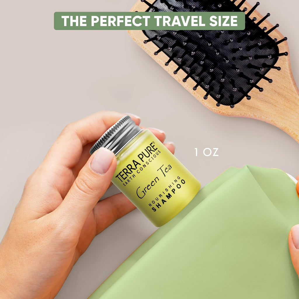 Terra Pure Travel Size Hotel Shampoo 300 Count 1 oz Bottles Guest Amenities for Hotels Vacation Rentals and Short Term Rentals Paraben Free Green Tea Scent Infused with Aloe and Olive Oil