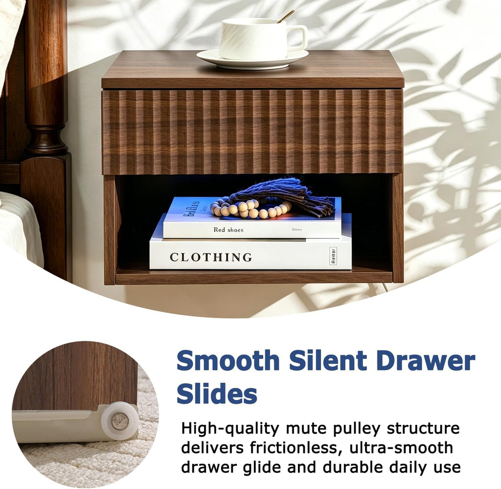 Floating Nightstand Set of 2, Wall Mounted Cabinet with Storage Drawer, Bedroom Bedside Table with LED Light, Modern Night Stand for Dorm Hallway Entryway, Walnut