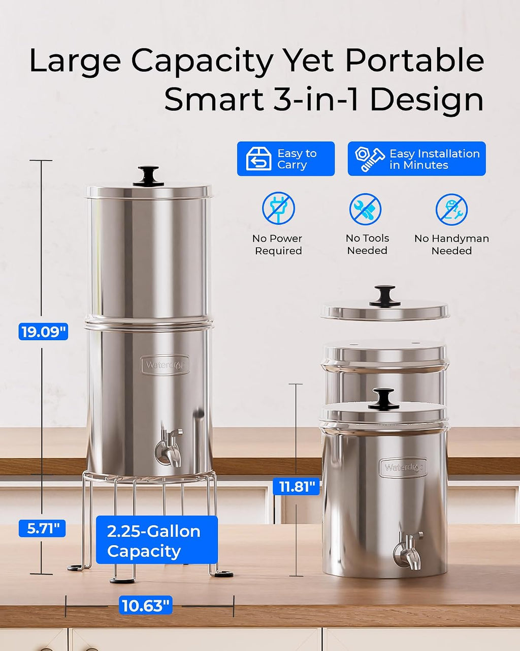 Waterdrop TK-A-S Gravity Water Filter System, NSF/ANSI 42&372 Standard, Reduces Lead and Chlorine, Stainless-Steel Water System with 2 Filters and Metal Spigot for Home, Emergencies, 2.25G