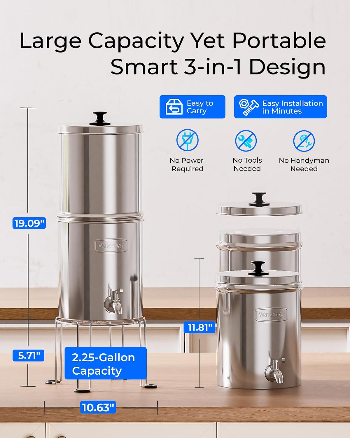 Waterdrop TK-A-S Gravity Water Filter System, NSF/ANSI 42&372 Standard, Reduces Lead and Chlorine, Stainless-Steel Water System with 2 Filters and Metal Spigot for Home, Emergencies, 2.25G