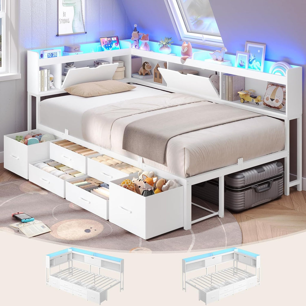 AOGLLATI Twin Corner Bed Frame with Bookcase and Hidden Storage & Metal Platform Twin Size Daybed with 6 Drawers,Charging Station, Led Lights- for Kids, Teens, White