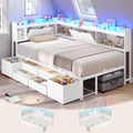 AOGLLATI Twin Corner Bed Frame with Bookcase and Hidden Storage & Metal Platform Twin Size Daybed with 6 Drawers,Charging Station, Led Lights- for Kids, Teens, White