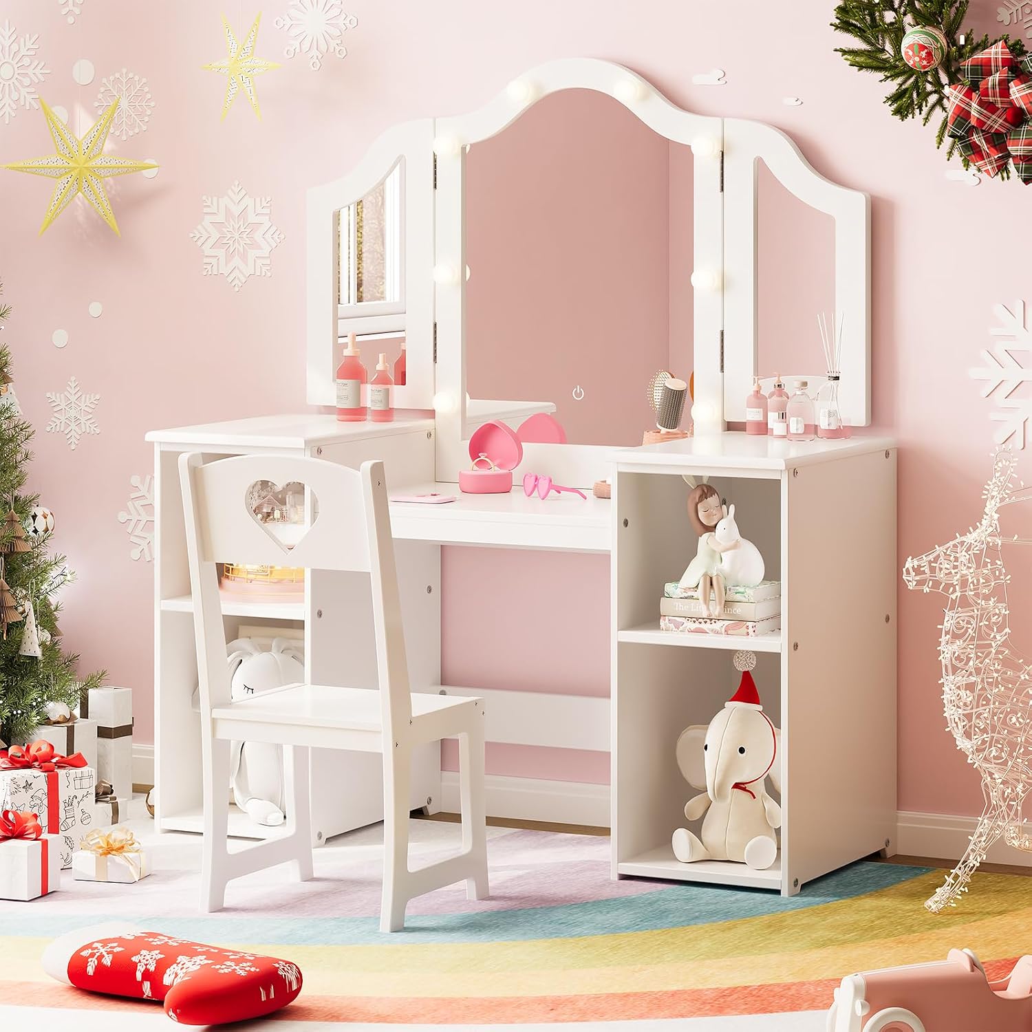 Kids Vanity Table and Chair Set, 2 in 1 Princess Vanity with Touch Light Tri-Folding Mirror, Detachable Makeup Wood Desk with Storage Shelves, Convertible Kids Desk for Girls，White
