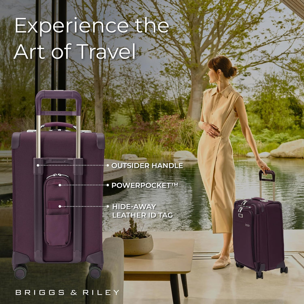 Briggs & Riley Essential 22' Carry On Expandable Spinner - Luggage for Travel, Suitcases with Wheels, Softside Rolling Bag for Men & Women, Self-Repairing Zipper - Baseline Collection, Plum