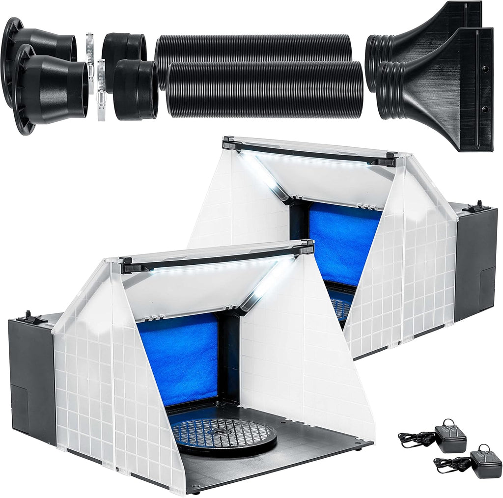 Master Airbrush (2 Pack) Portable Airbrush Spray Booth Station with LED Lighting, 25W Fan, Turntable & 5.6' Extension Hose, 16.5'x19'x13.5', Combine for Larger Workspace, Hobby Airbrush Booth