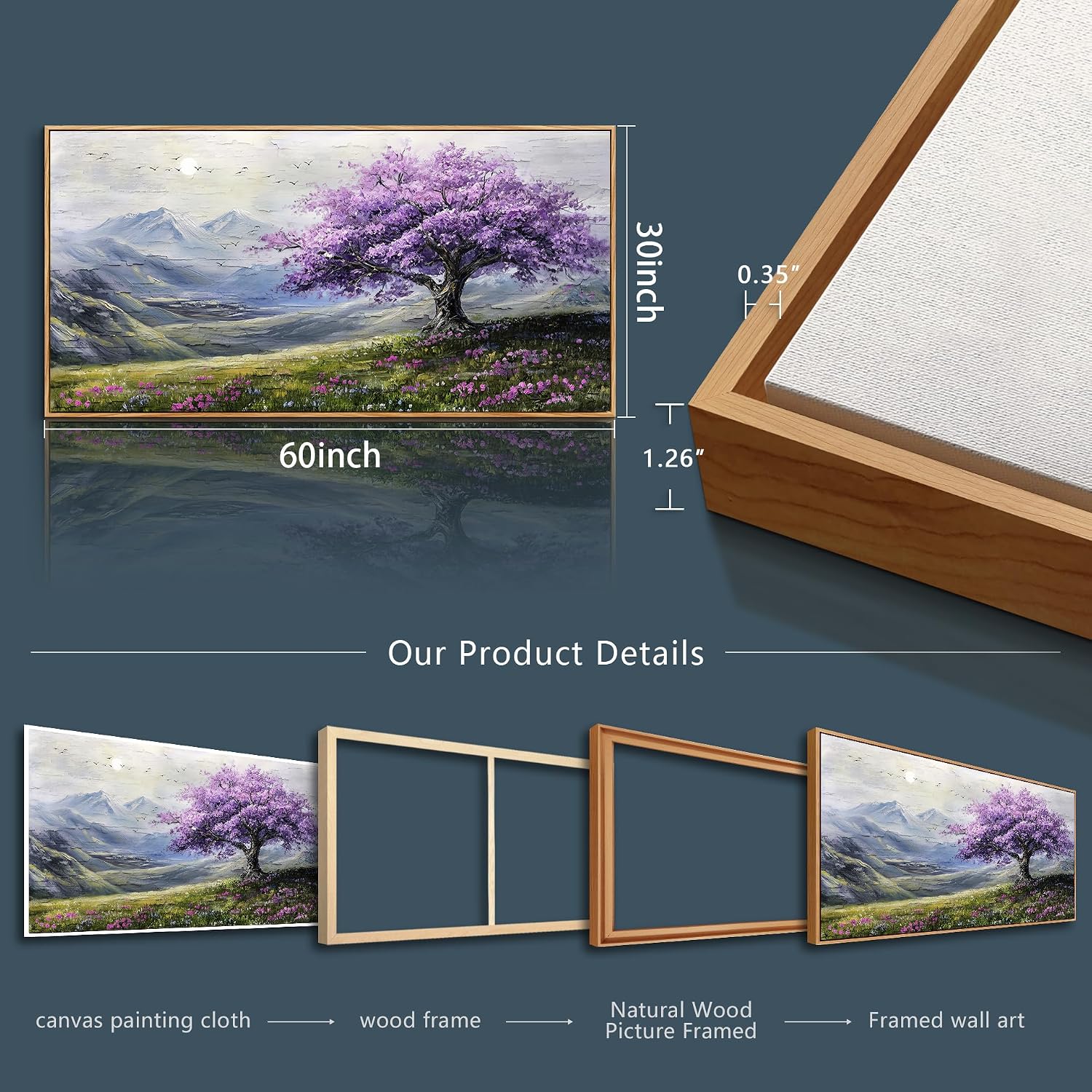 ZUITINGHUA Large Wood Framed Canvas Wall Art For Living Room Wall Decor For Bedroom Office Decorations Purple Tree Wall Paintings Abstract Scenery Pictures Artwork Aesthetic Family Mural 30x60 In