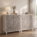 COSIEST Set of 2 32' Buffet Sideboard Cabinets with Storage, Accent Cabinet with Push-to-Open Doors, Vintage Flower Carved Pinewood Doors, Entryway Console for Living Room, Kitchen, Hallway, Gray