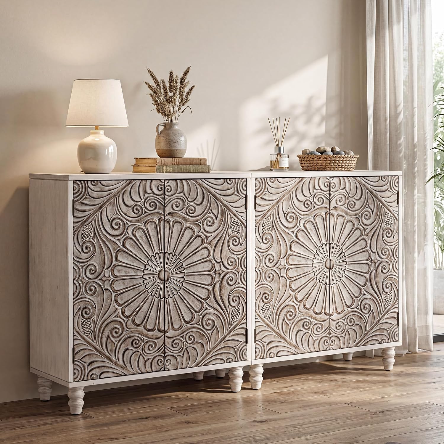 COSIEST Set of 2 32' Buffet Sideboard Cabinets with Storage, Accent Cabinet with Push-to-Open Doors, Vintage Flower Carved Pinewood Doors, Entryway Console for Living Room, Kitchen, Hallway, Gray