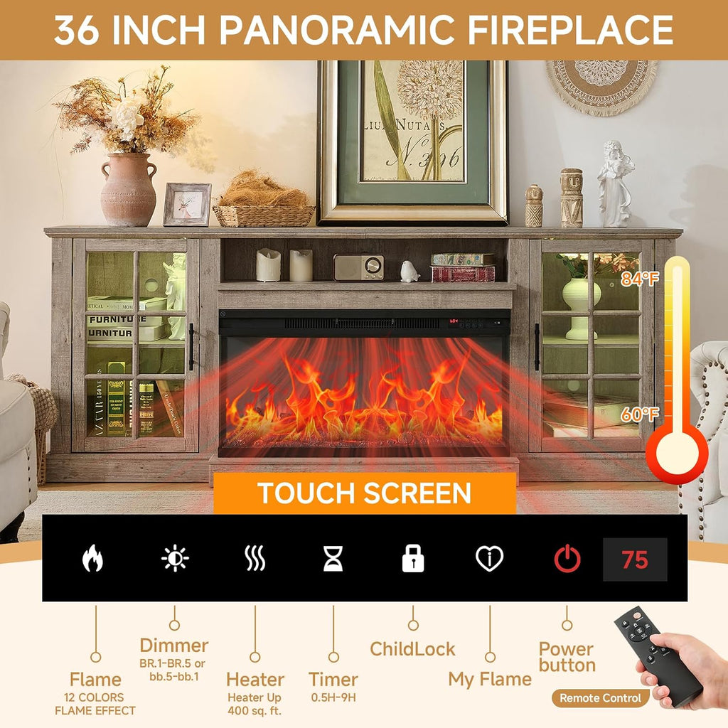 ROCKPOINT 3 Sided Glass 80' Fireplace TV Stand for TVs up to 90inch, Media Entertainment Center with Glass Door Storage Cabinet,36' Electric Fireplace with LED Light and Flame Colors,Grey