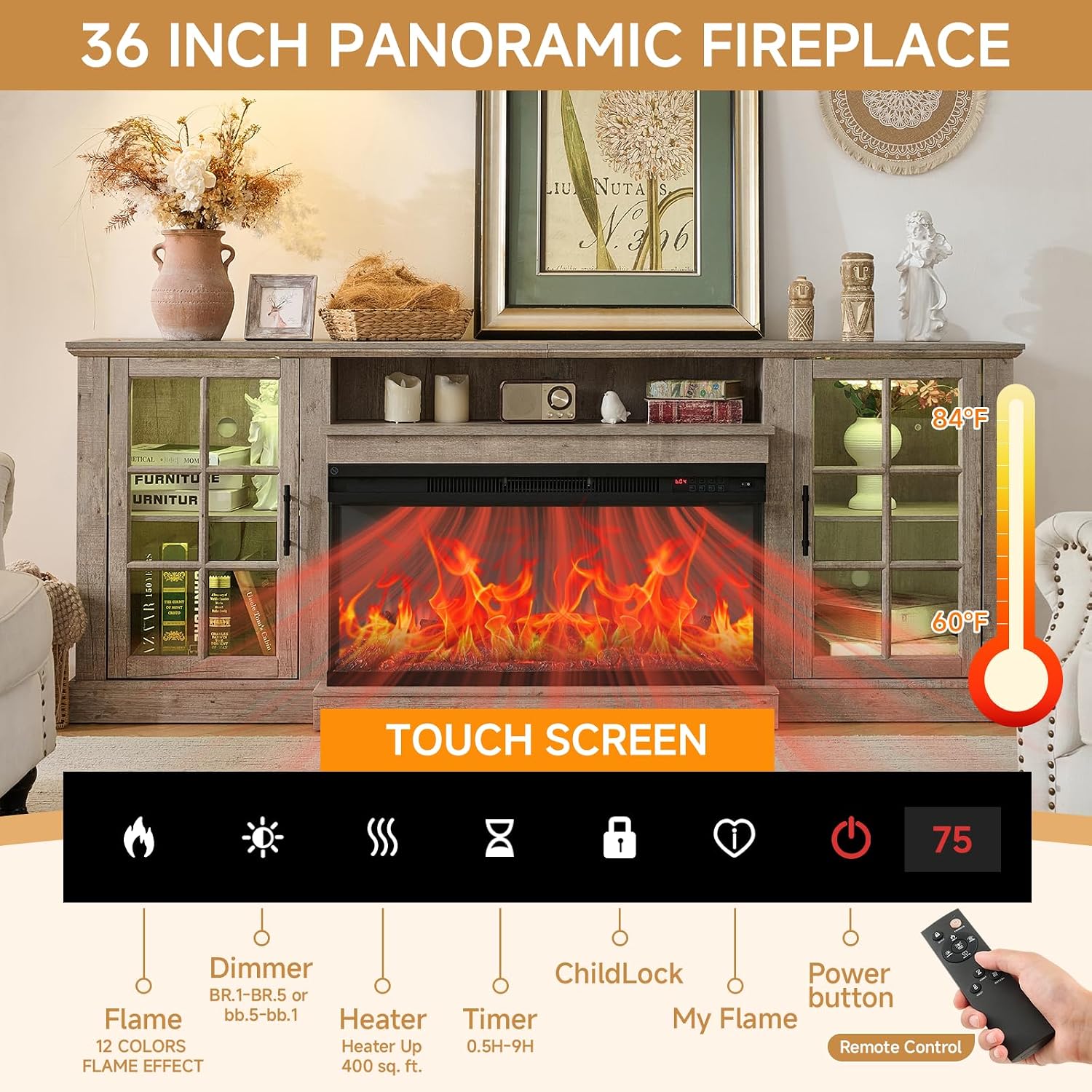 ROCKPOINT 3 Sided Glass 80' Fireplace TV Stand for TVs up to 90inch, Media Entertainment Center with Glass Door Storage Cabinet,36' Electric Fireplace with LED Light and Flame Colors,Grey