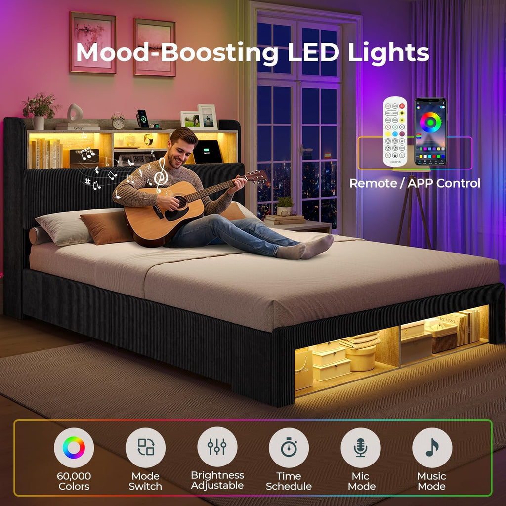 ADORNEVE Queen Bed Frame with 4 Storage Drawers, 2 Footboard Cubbies and RGB Lights, Corduroy Upholstered Platform Bed with Charging Station and Storage Headboard, No Box Spring Needed, Black