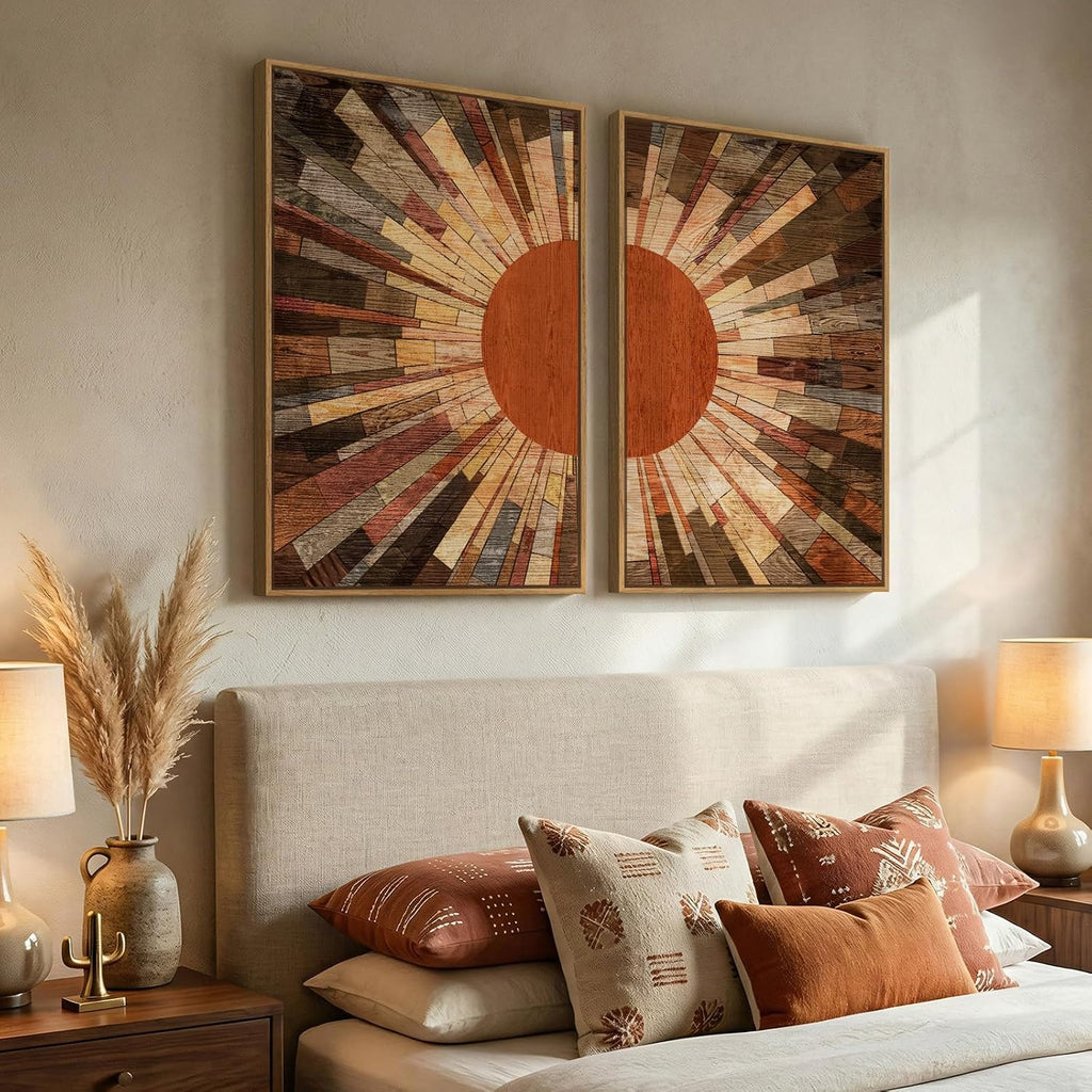 Large Framed Boho Mid Century Modern Wall Art for Living Room, Set of 2 Abstract Sun Earth Tone Canvas Artwork for Walls, Vintage Paintings Prints Pictures Wall Decor for Bedroom Home Office, 24x36 In