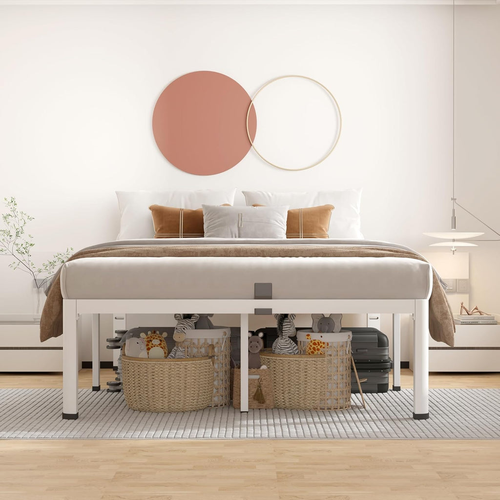 ROIL 18 Inch White Queen Bed Frame with Rounded Corner and Headboard Hole Mattress Retainers 3500LBS Heavy Duty Steel Slats No Box Spring Needed Platform Noise-Free Easy Assembly