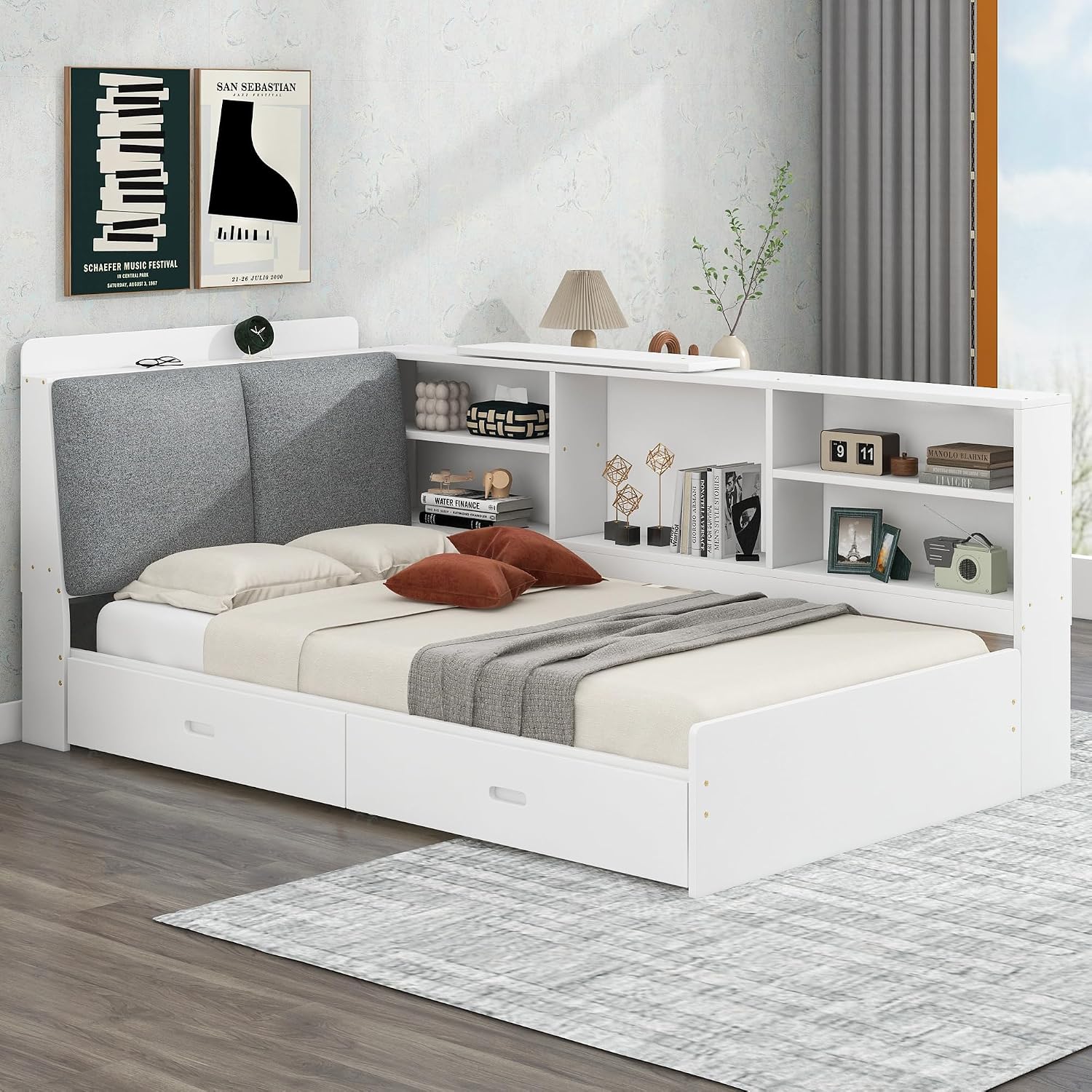 Twin Size Platform Bed with Storage Headboard and Shelves, Wooden Daybed Frame with Side Bookcase and 2 Drawers,Wood Slat Support, Rotatable Storage Board (White-83J)