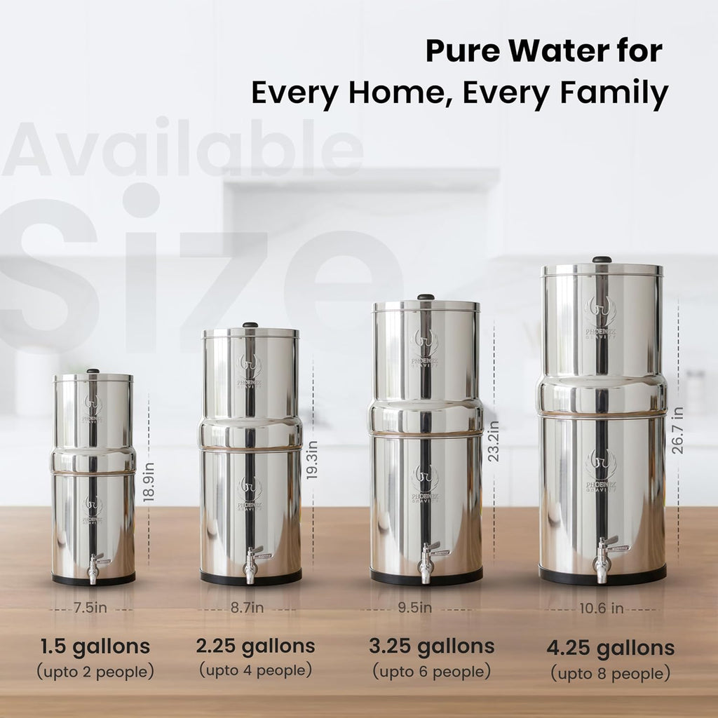 2.25 G Gravity Water Filter System | Dual Carbon Filtration | NSF/ANSI 42 & 372 Certified | Removes 99.9% Lead, PFAS, Chlorine & 200+ Contaminants | Countertop Stainless Steel Water Filter | Portable