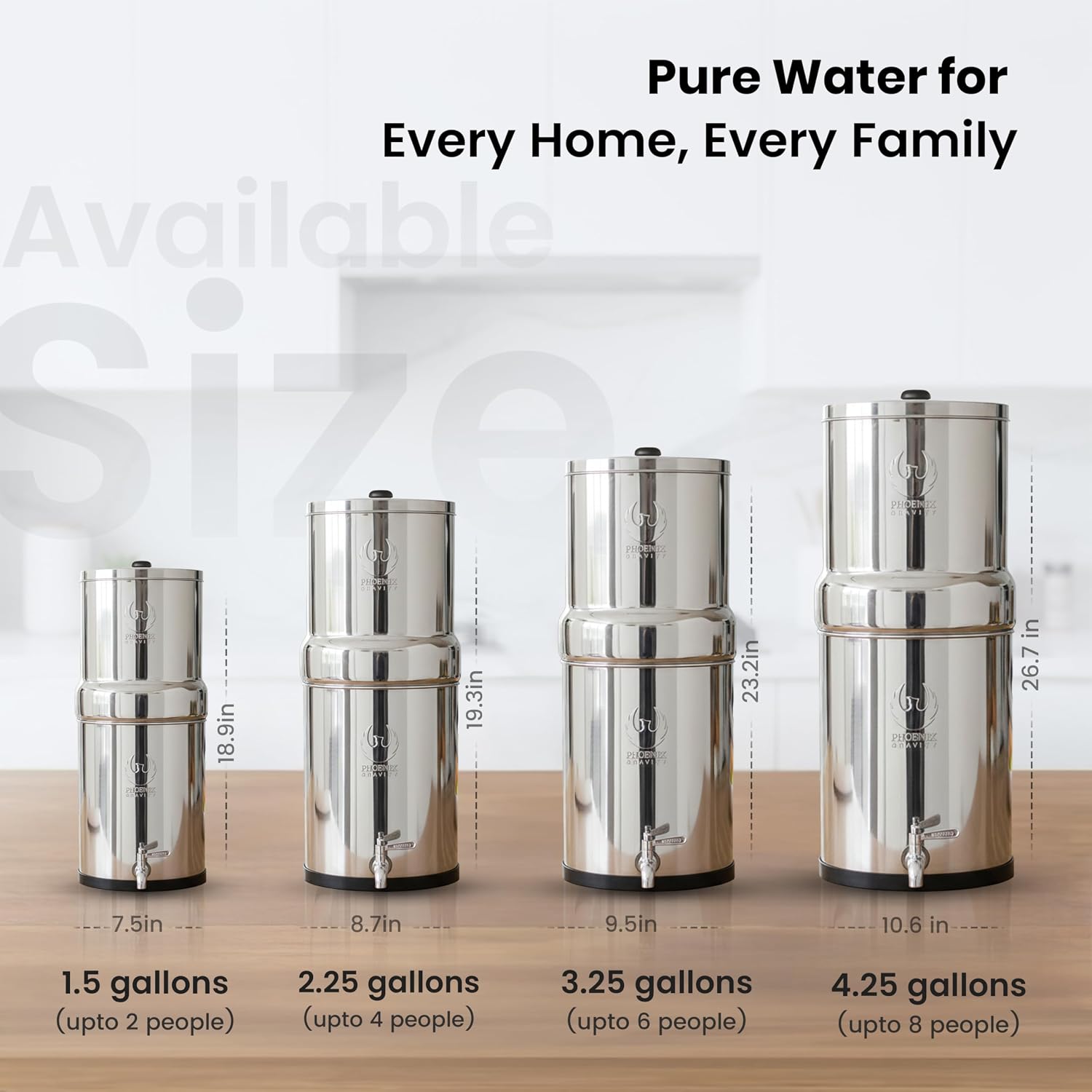 2.25 G Gravity Water Filter System | Dual Carbon Filtration | NSF/ANSI 42 & 372 Certified | Removes 99.9% Lead, PFAS, Chlorine & 200+ Contaminants | Countertop Stainless Steel Water Filter | Portable