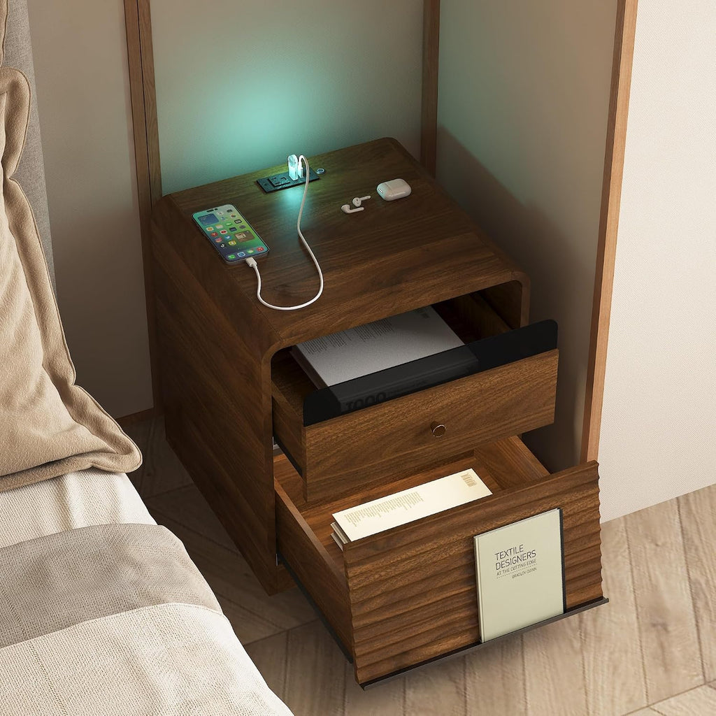 Smart Nightstand with Charging Station – Bedside Table with Voice-Controlled LED Night Light, 1 AC Outlet + 2 USB Ports, Ample Storage Cabinet for Bedroom(Wood)