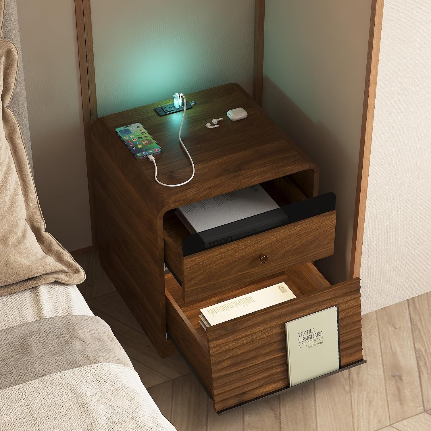 Smart Nightstand with Charging Station – Bedside Table with Voice-Controlled LED Night Light, 1 AC Outlet + 2 USB Ports, Ample Storage Cabinet for Bedroom(Wood)