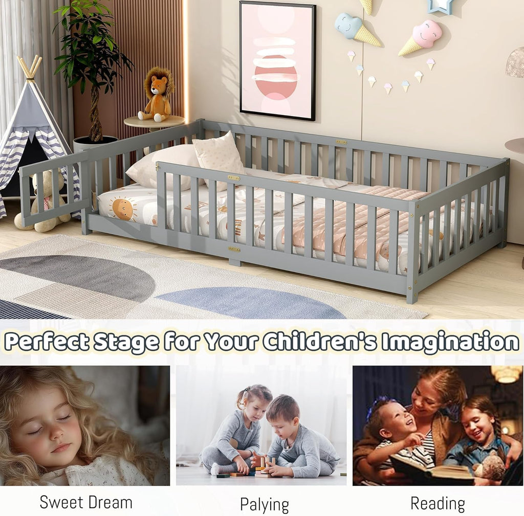 Full Size Floor Bed for Kids, Wooden Montessori Bed Frame with Door, Montessori Floor Bed with Rails for Boys and Girls, No Box Spring Needed, Grey