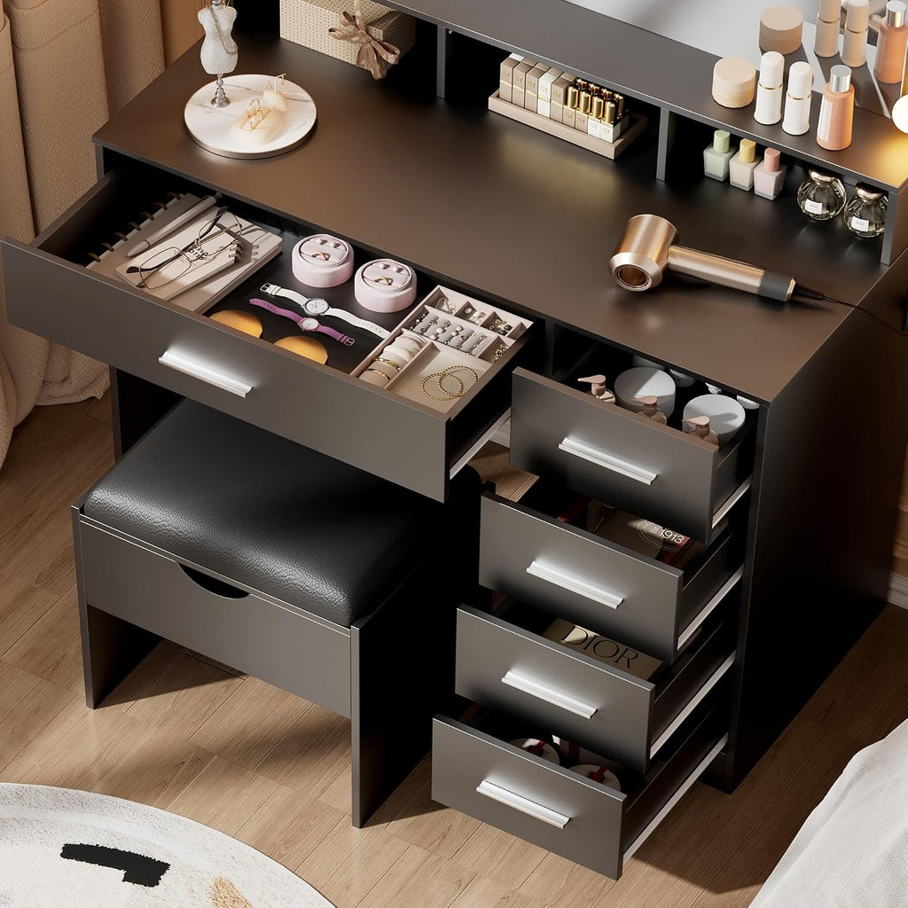 ERLEJIA Vanity Desk with Mirror and Lights, 35.43' Large Mirror Makeup Table with Stool, 5 Drawers Dressing Table for Girls and Ladies Bedroom, Black