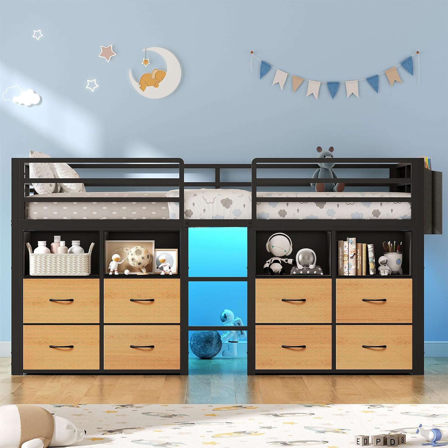 ADORNEVE Low Loft Bed Twin Size with 8 Storage Drawers, Twin Loft Bed with Bookcase and LED Lights, Metal Kids Loft Bed with 14' H Safety Guardrail, Under-Bed Play Space, No Box Spring Needed, Natural