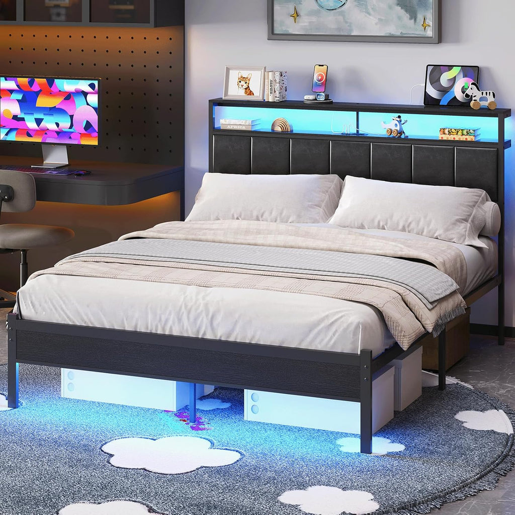 Queen Bed Frames with Charging Station and LED Lights, Black Queen Size Platform Bed with Metal Slats, Upholstered Headboard with 2-Tier Storage Shelves, No Box Spring Needed