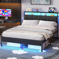 Queen Bed Frames with Charging Station and LED Lights, Black Queen Size Platform Bed with Metal Slats, Upholstered Headboard with 2-Tier Storage Shelves, No Box Spring Needed