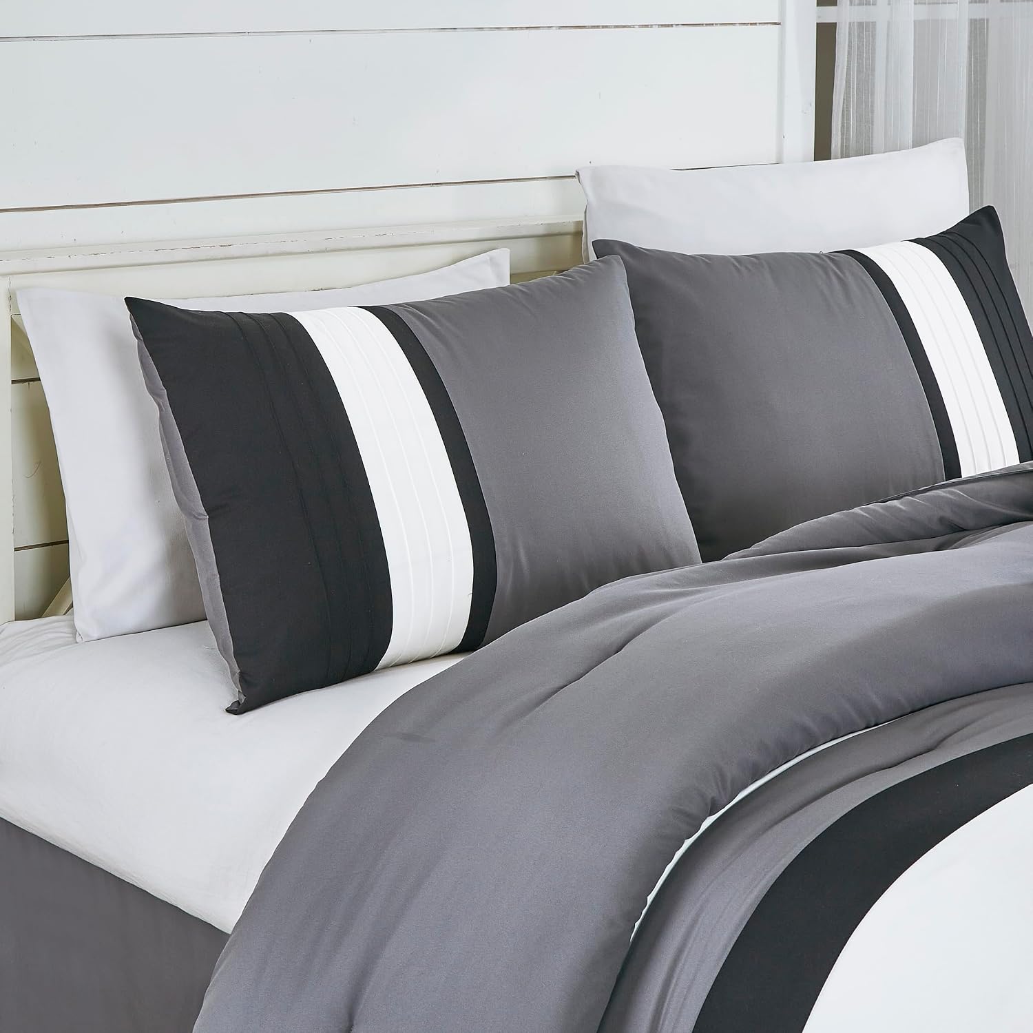 Chezmoi Collection Napa 7-Piece Luxury Leaves Scroll Embroidery Bedding Comforter Set (California King, Black/Gray/White)