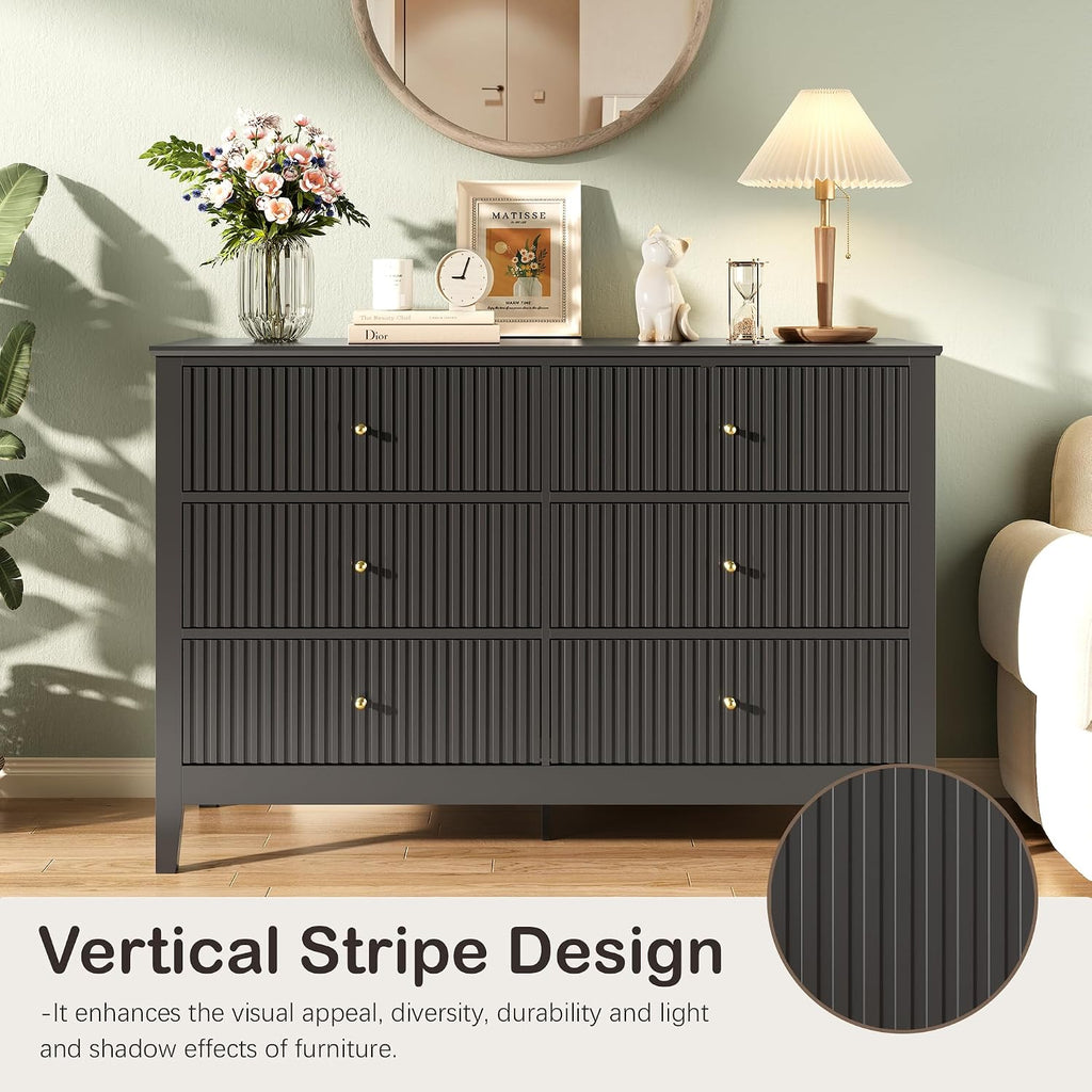 Black Dresser for Bedroom, 6 Drawers Fluted Chest of Drawers with Storage, Modern 47'' Wide Dresser with Paint Design, Wood Drawer Organizer Dressers for Entryway, Hallway