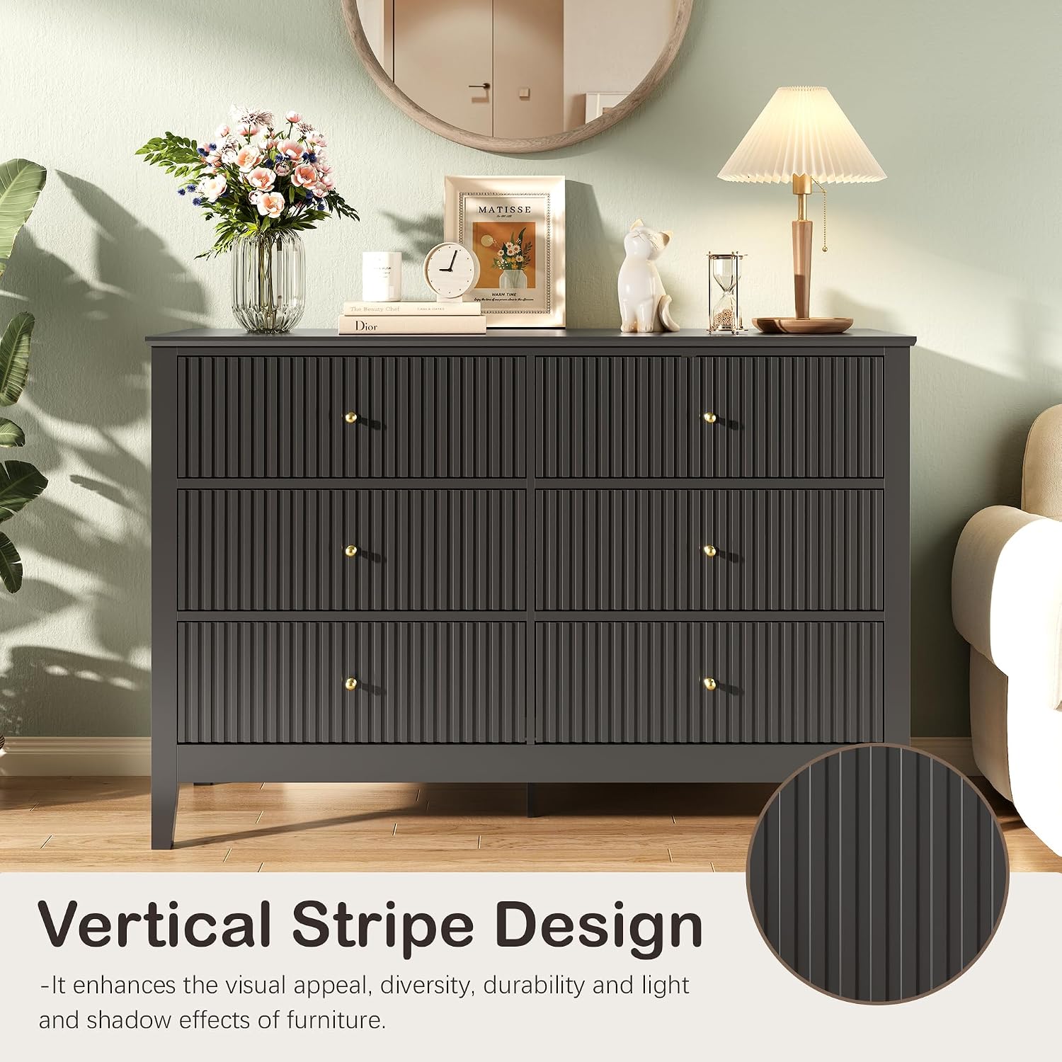 Black Dresser for Bedroom, 6 Drawers Fluted Chest of Drawers with Storage, Modern 47'' Wide Dresser with Paint Design, Wood Drawer Organizer Dressers for Entryway, Hallway