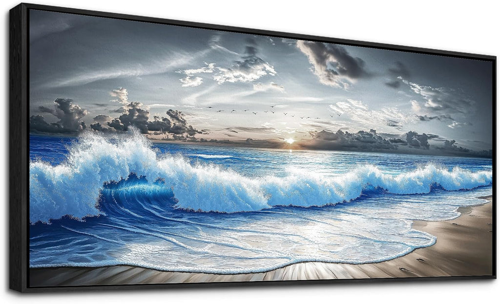 PHAOHUAXM Large Canvas Modern Black White Printed Artworks Wall Decor For Living Room Wall Art For Bedroom Office Dining room Blue Ocean Wave Painting Wall Pictures Home Decor 32'X72' Black Frame