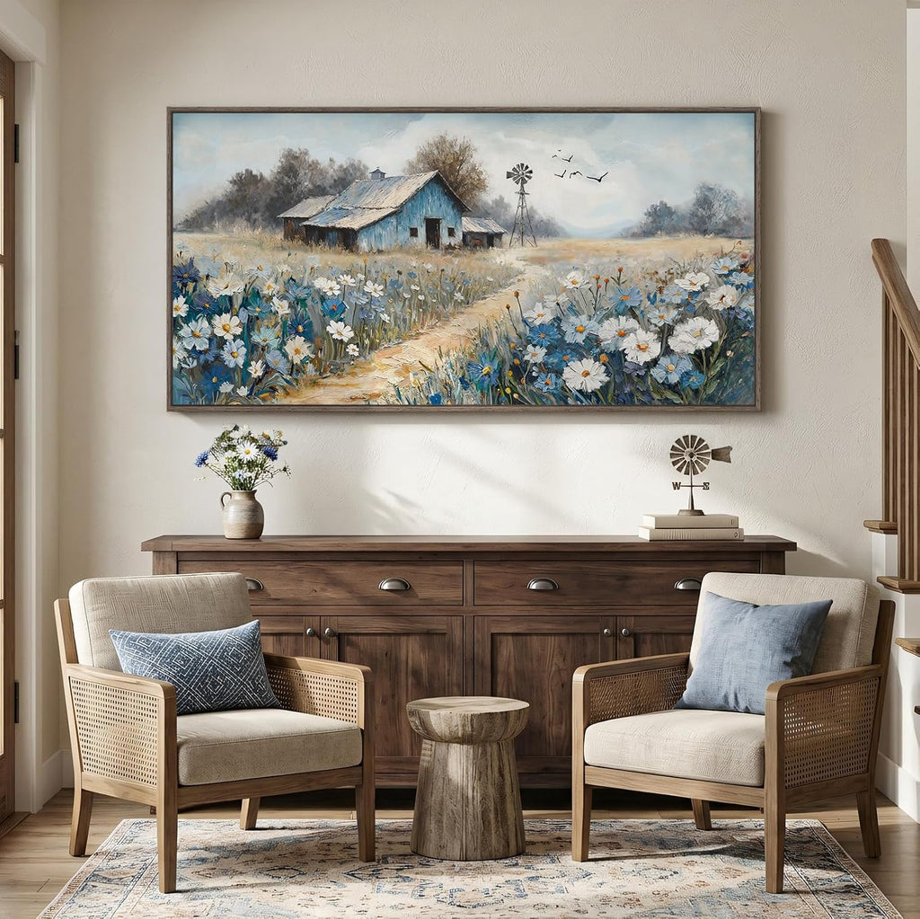 Large Framed Farmhouse Canvas Wall Art for Living Room, Vintage Rustic Barn Horizontal Canvas Prints, Country Blue Floral Wall Decor for Bedroom Dining Room Hallway 30x60 Inch