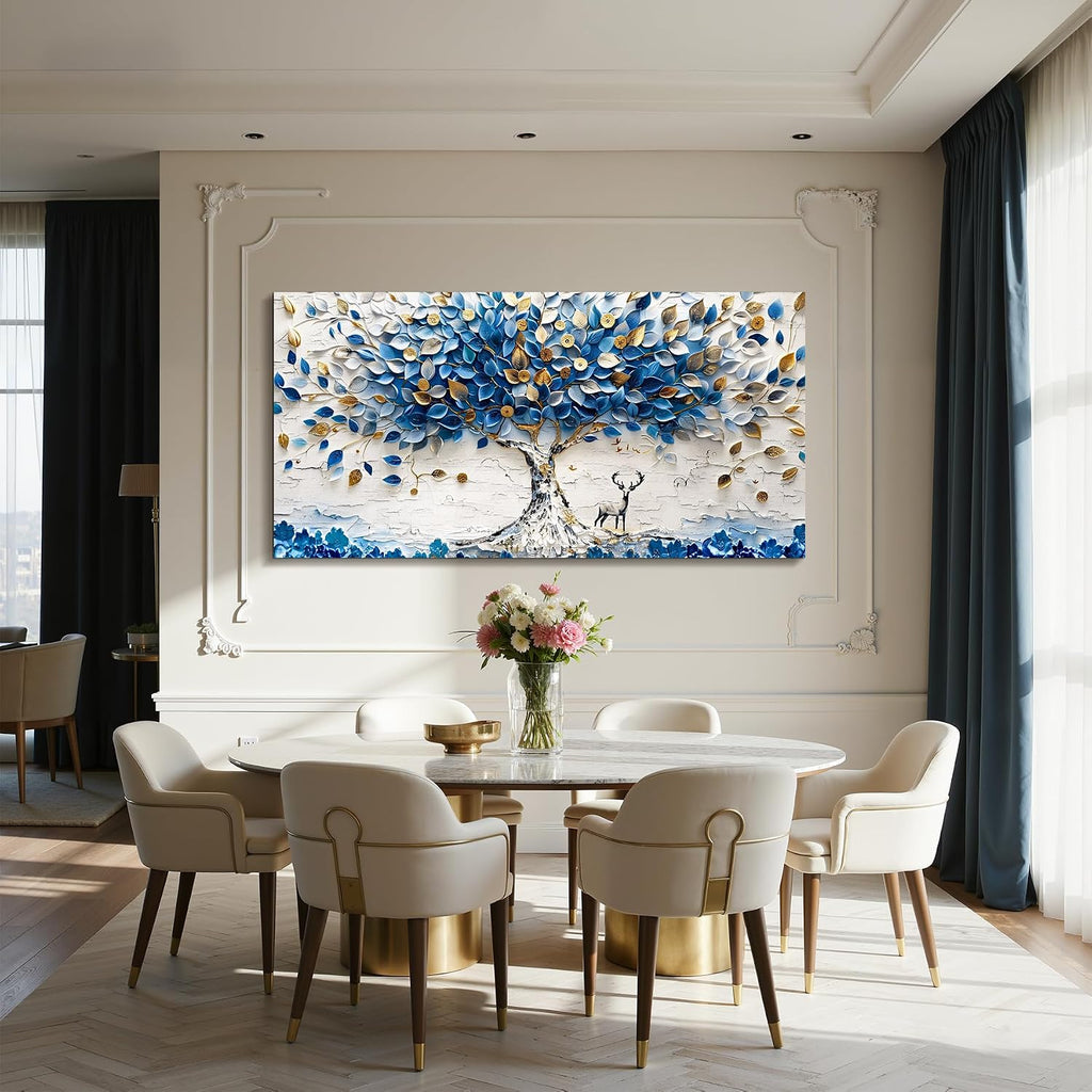 imjiayu Oversized Wall Art, Tree of Life Wall Art, Abstract Art Wall Decor, Blue and White Money Tree Canvas Prints, Modern Extra Large Pictures for Living Room Dining Room Office Hotel 29'x57'