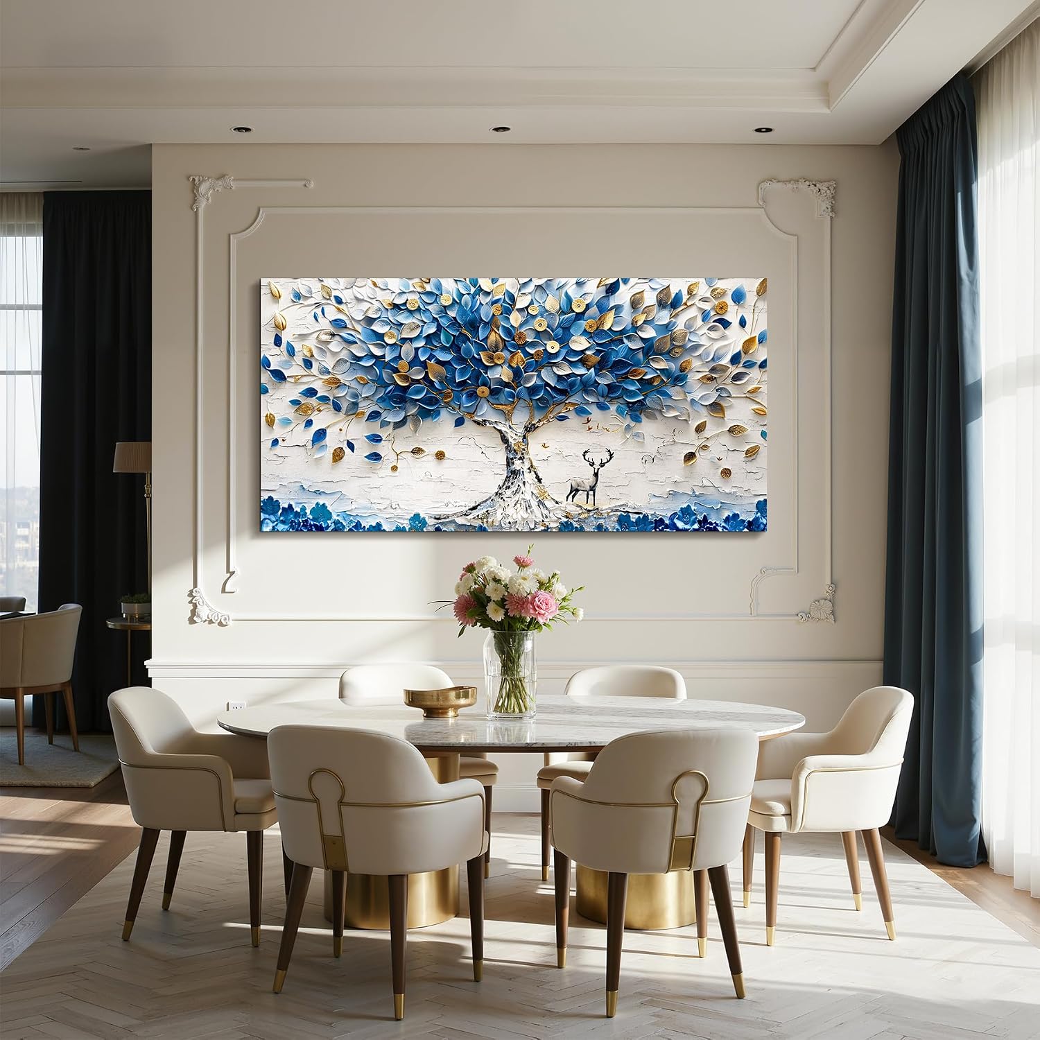 imjiayu Oversized Wall Art, Tree of Life Wall Art, Abstract Art Wall Decor, Blue and White Money Tree Canvas Prints, Modern Extra Large Pictures for Living Room Dining Room Office Hotel 29'x57'