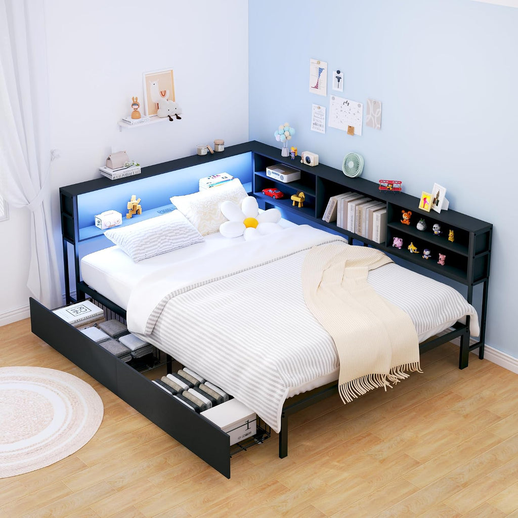 Black Full Corner Bed Frame with Storage Drawers, Metal Daybed with Storage Bookcase, Kids Platform Bed with Charging Station and LED Lights, No Spring Mattress Needed (Black, Full)