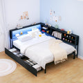 Black Full Corner Bed Frame with Storage Drawers, Metal Daybed with Storage Bookcase, Kids Platform Bed with Charging Station and LED Lights, No Spring Mattress Needed (Black, Full)
