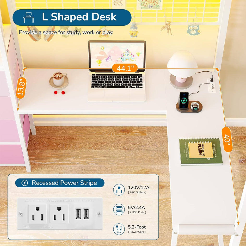 Twin Loft Bed with L-Shaped Desk, 7 Storage Drawers, Loft Bed Twin Size for Kids with LED Lights and Charging Station, Open Shelf & Pegboard, Metal Frame with Safety Guardrail & Ladder, White and Pink
