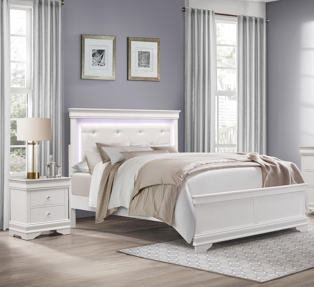 Glam 3pc Bedroom Set White Finish Queen Size LED Light Bed and Two Nightstands Alligator Texture Wooden Furniture