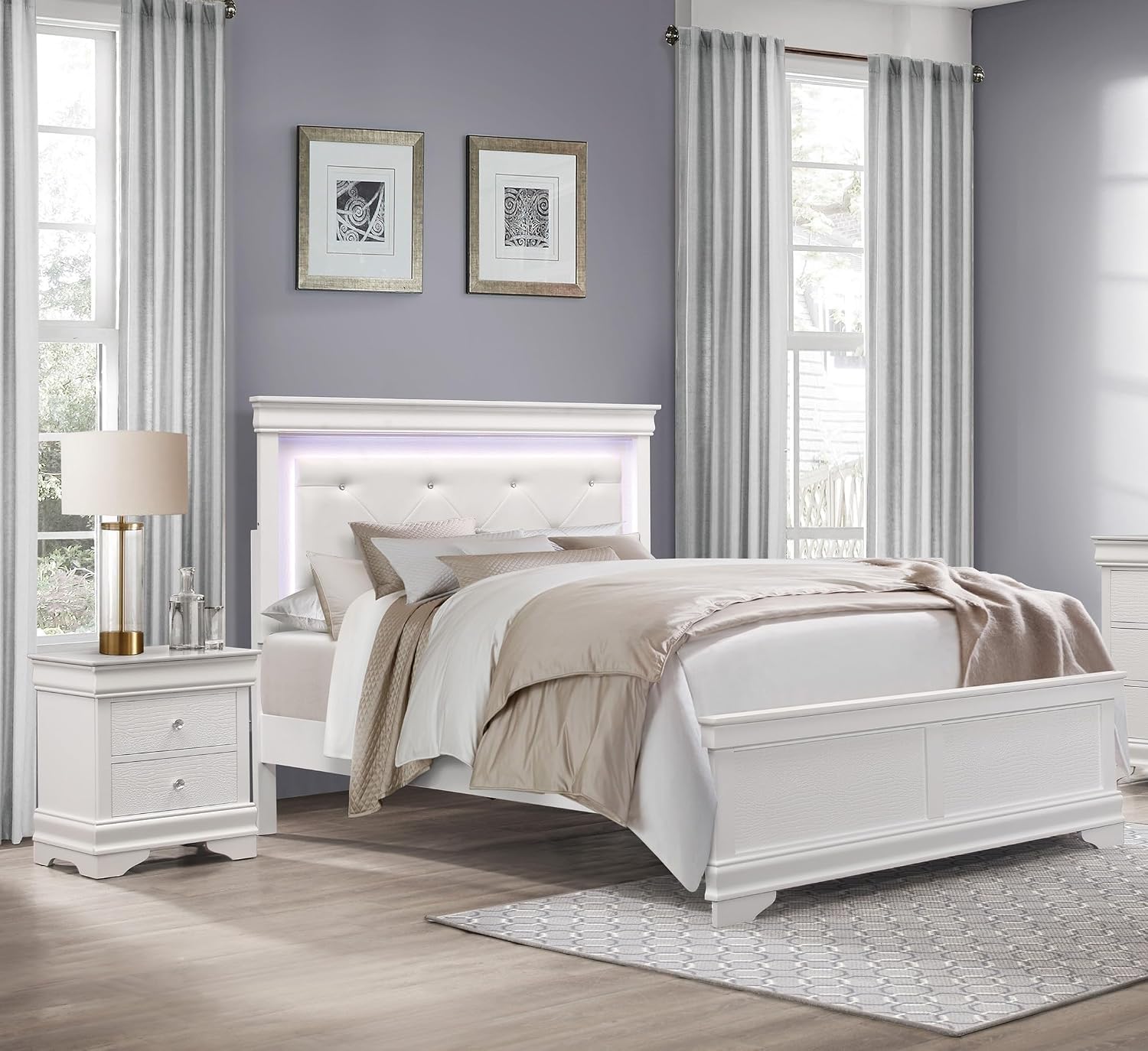 Glam 3pc Bedroom Set White Finish Queen Size LED Light Bed and Two Nightstands Alligator Texture Wooden Furniture
