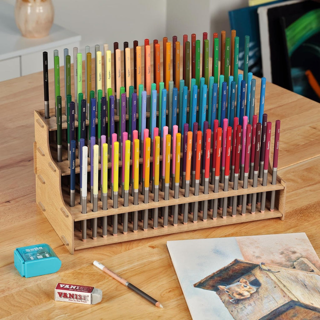 Mezzo Artist Studio Colored Pencil Holder, 20 Pack - Desktop Color Pencil Organizer, Easy Assembly Upright Storage Rack for 120 Pencils, 3/8' Diameter Holes w/ Point Rest, Woodgrain Laminate