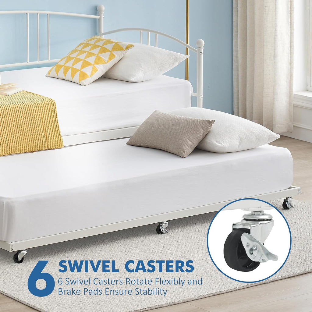 GarveeHome Daybed with Trundle, Sturdy Metal Day Bed with Steel Slat Support, Trundle Bed Twin with Arched Headboard, SofaBed for Living Room, Bedroom and Guest Room, White